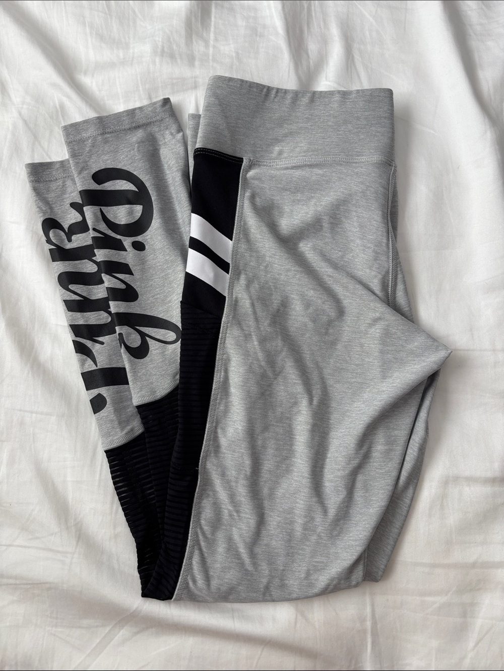 PINK Victoria's Secret Light Gray Leggings with Side Mesh Panel and Black Logo
